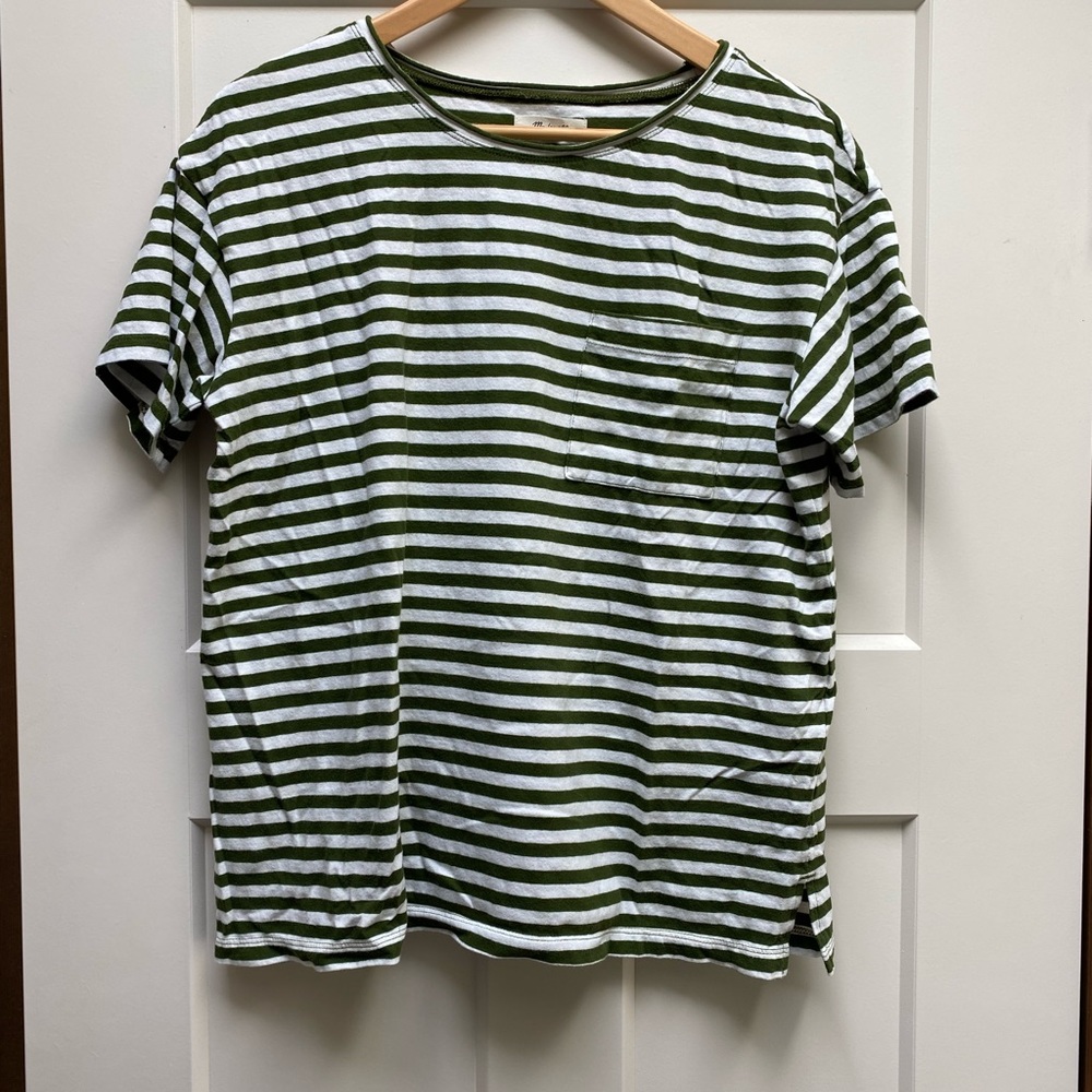 Madewell worn once olive green and white striped t shirt top EUC